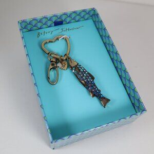 Betsey Johnson Crystal Blue Sardine Gold Tone Keychain Bag Charm NIB